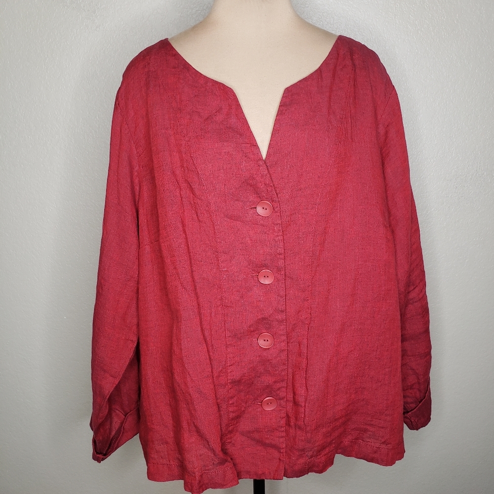 Flax Red Button-Front Linen Top with Side Pockets